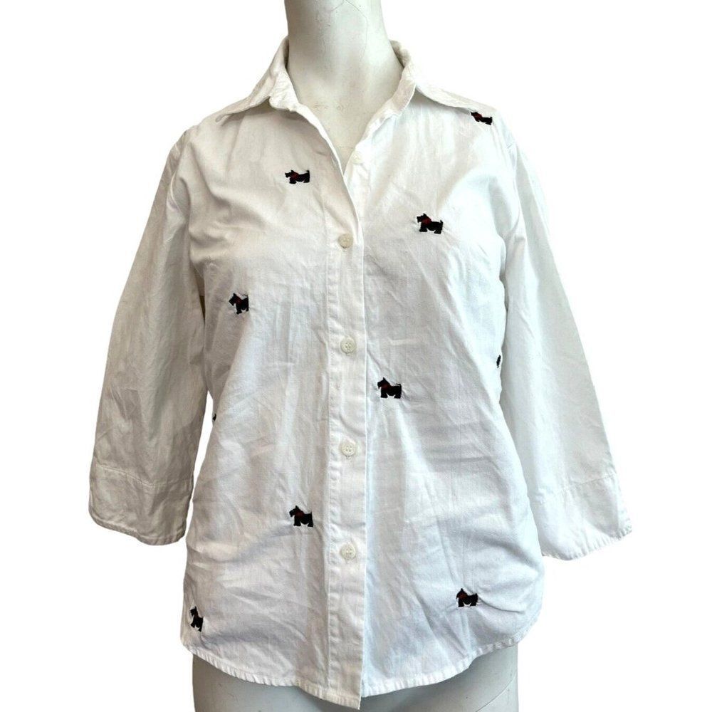 Ladies Small Black Scottish Terrier Embroidered Blouse Button Front 3/4 Sleeve